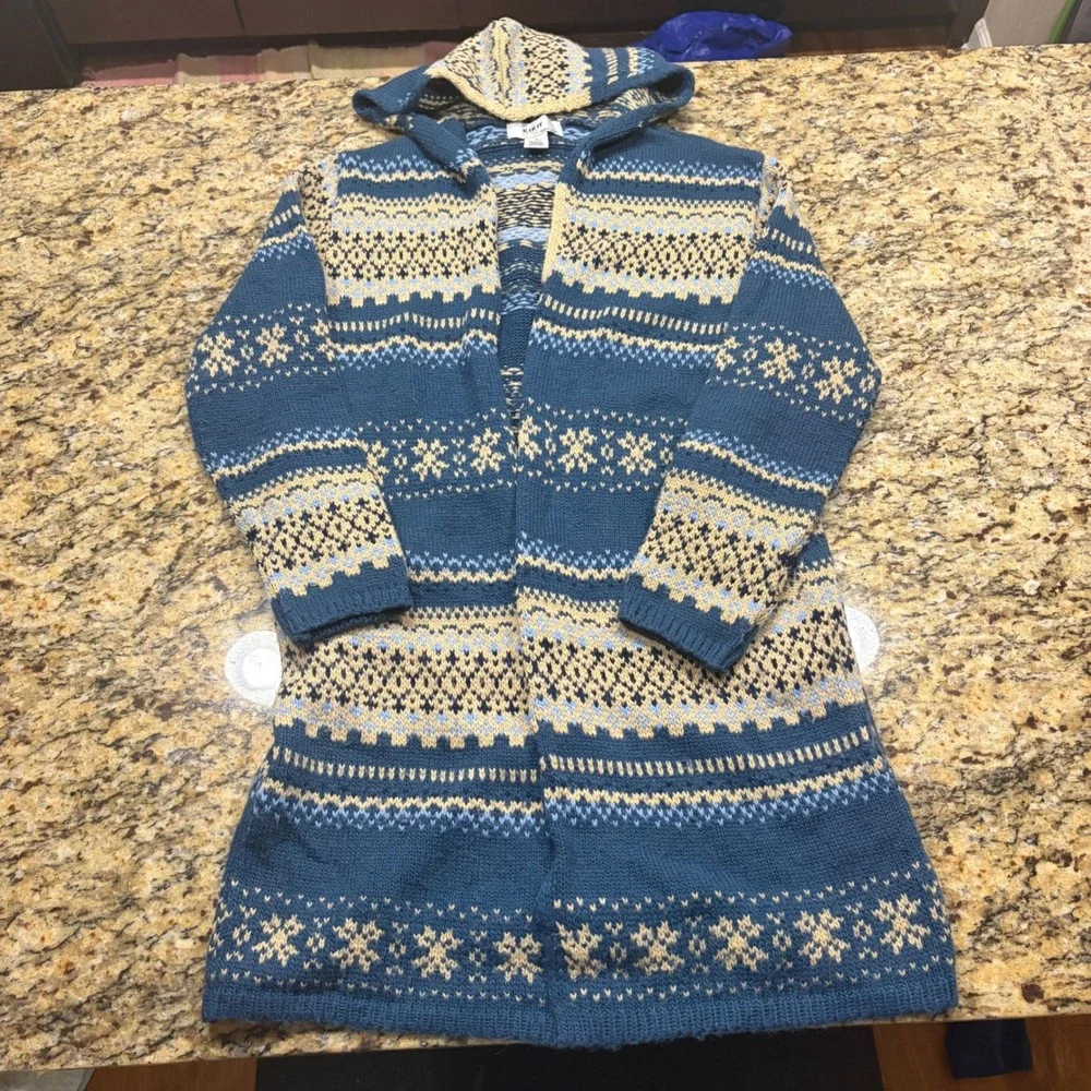Kikit Maurice Sasson Fair Isle Hooded Cardigan Sweater Blue Snowflake Wool M